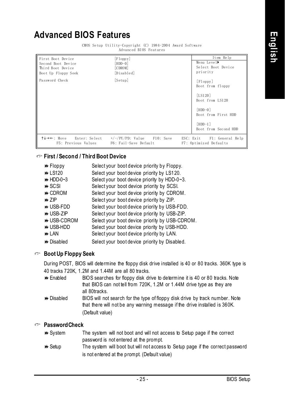 English advanced bios features, First / second / third boot device, Boot up floppy seek | Password check | Intel 8S651M-RZ User Manual | Page 25 / 40