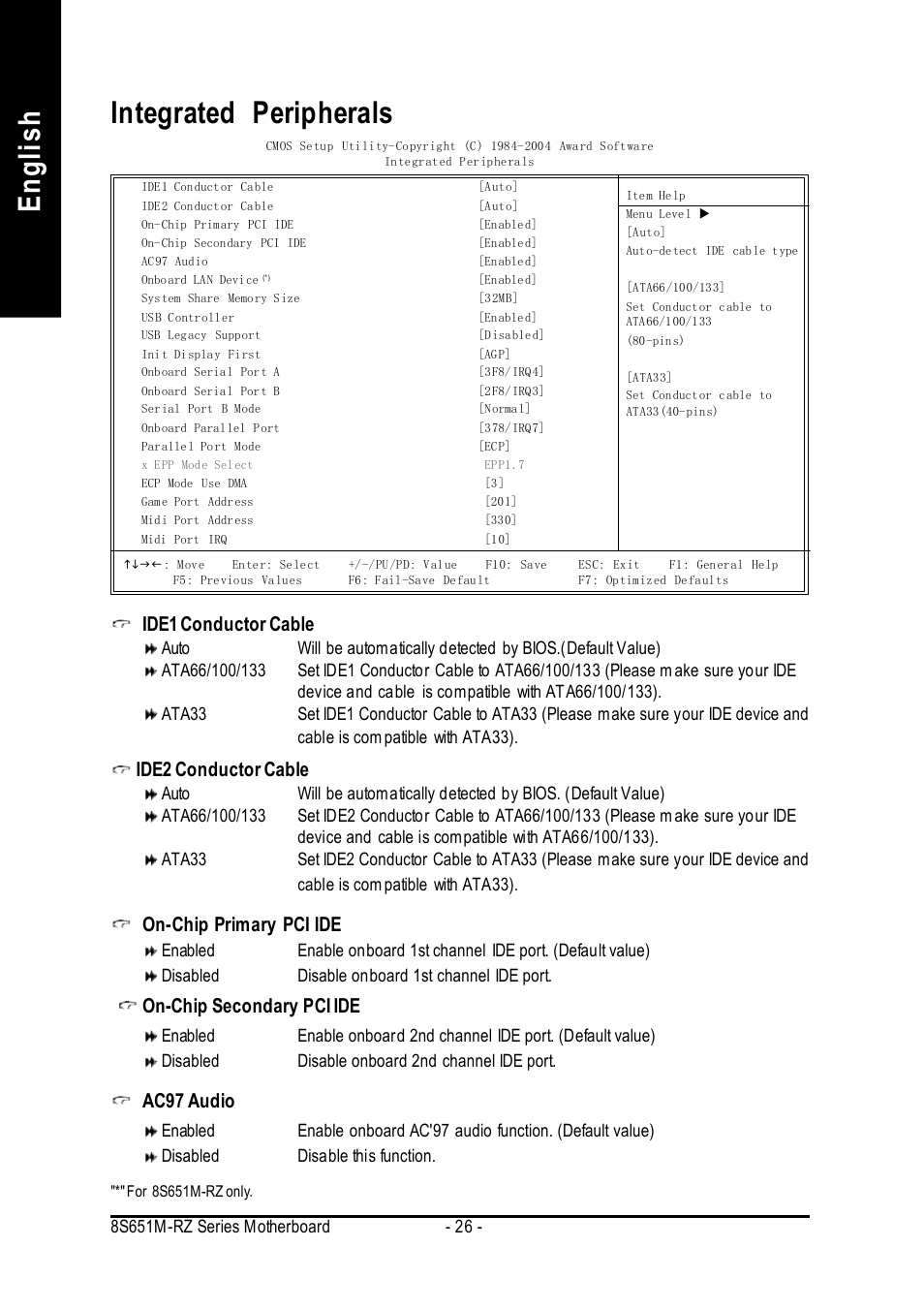English integrated peripherals, Ide1 conductor cable, Ide2 conductor cable | On-chip primary pci ide, On-chip secondary pci ide, Ac97 audio | Intel 8S651M-RZ User Manual | Page 26 / 40