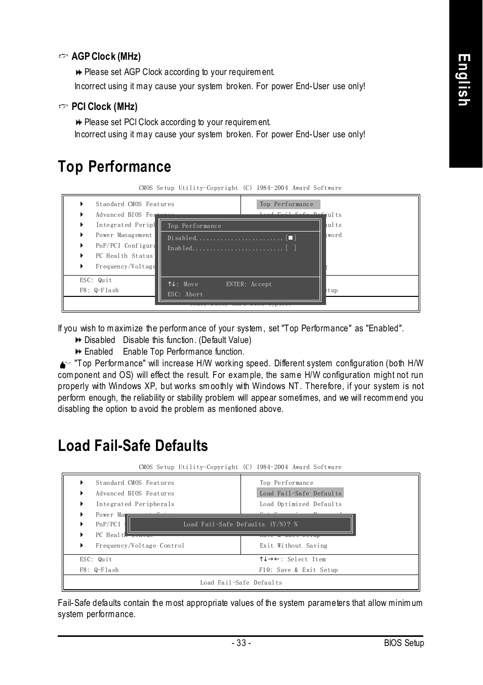English, Load fail-safe defaults, Top performance | Agp clock (mhz), Pci clock (mhz) | Intel 8S651M-RZ User Manual | Page 33 / 40