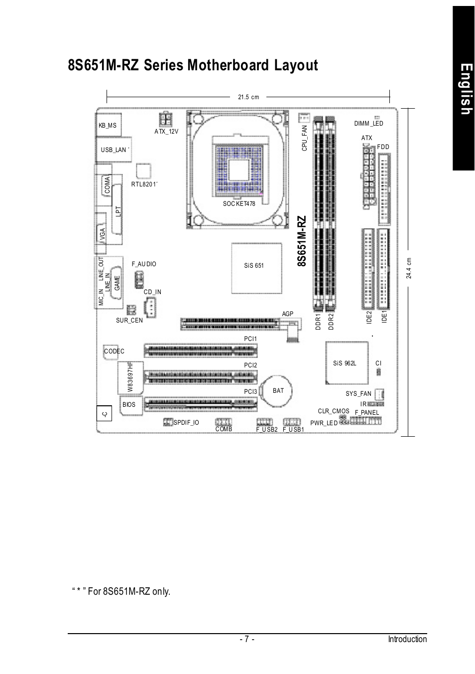 English 8s651m-rz series motherboard layout, 8s651m-rz, For 8s651m-rz only | Introduction - 7 | Intel 8S651M-RZ User Manual | Page 7 / 40