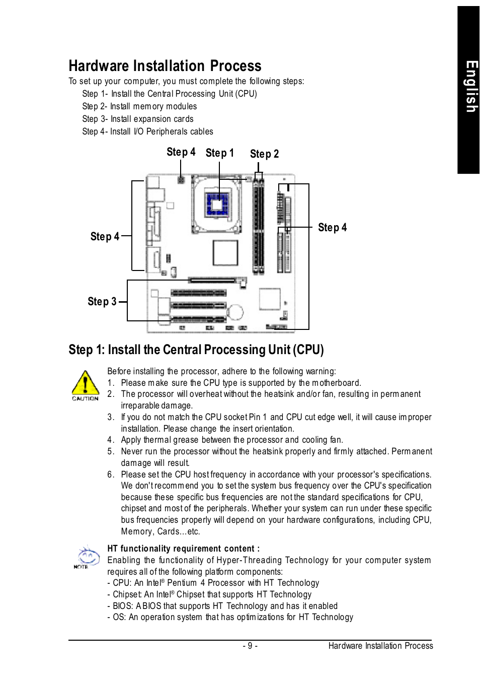 English, Hardware installation process, Step 1: install the central processing unit (cpu) | Intel 8S651M-RZ User Manual | Page 9 / 40