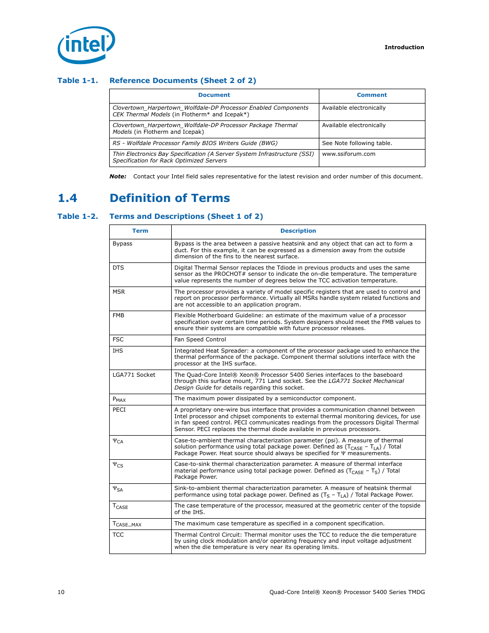 4 definition of terms, Definition of terms, Terms and descriptions | Table 1-1. reference documents (sheet 2 of 2), Table 1-2. terms and descriptions (sheet 1 of 2) | Intel 5400 Series User Manual | Page 10 / 100