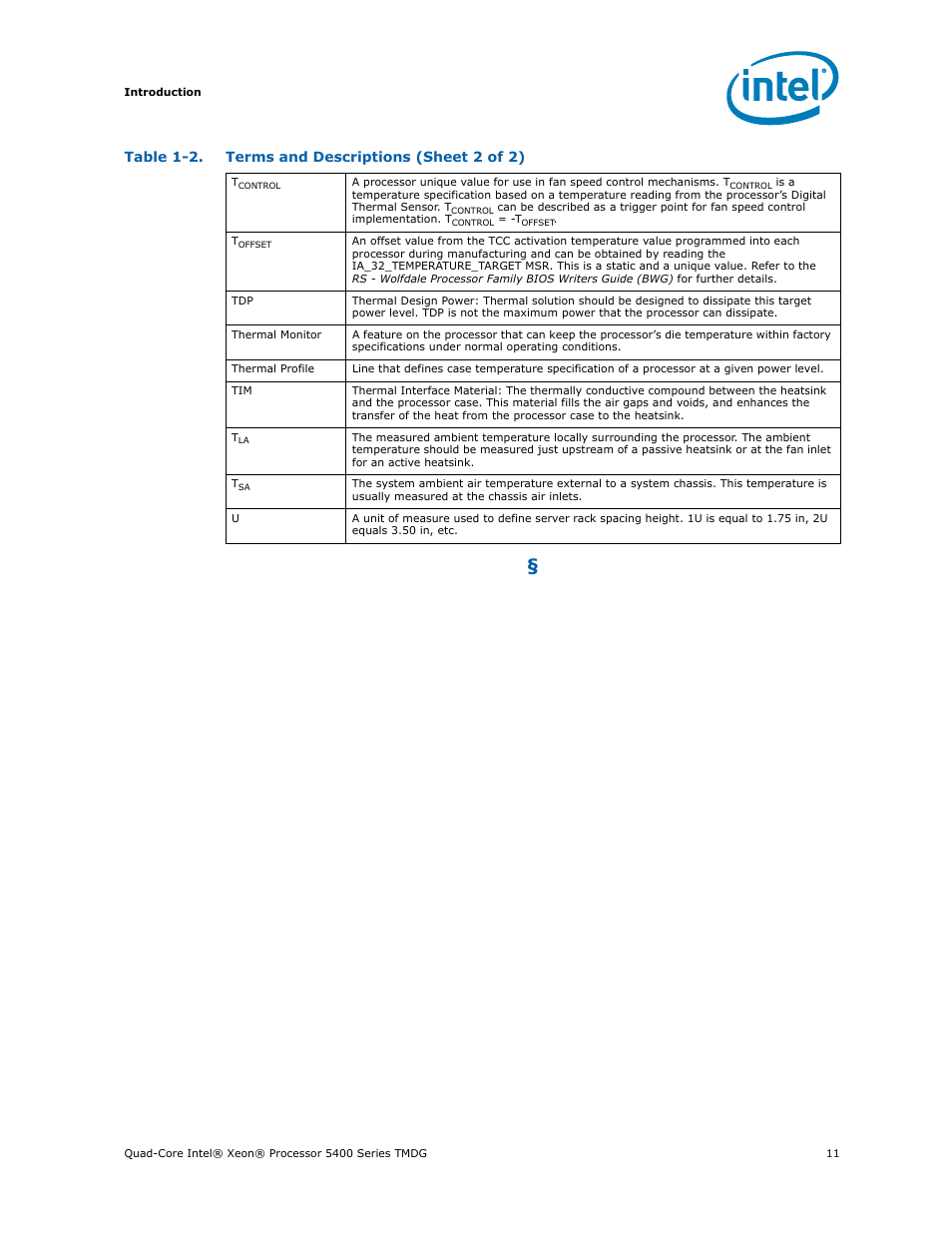Table 1-2. terms and descriptions (sheet 2 of 2) | Intel 5400 Series User Manual | Page 11 / 100