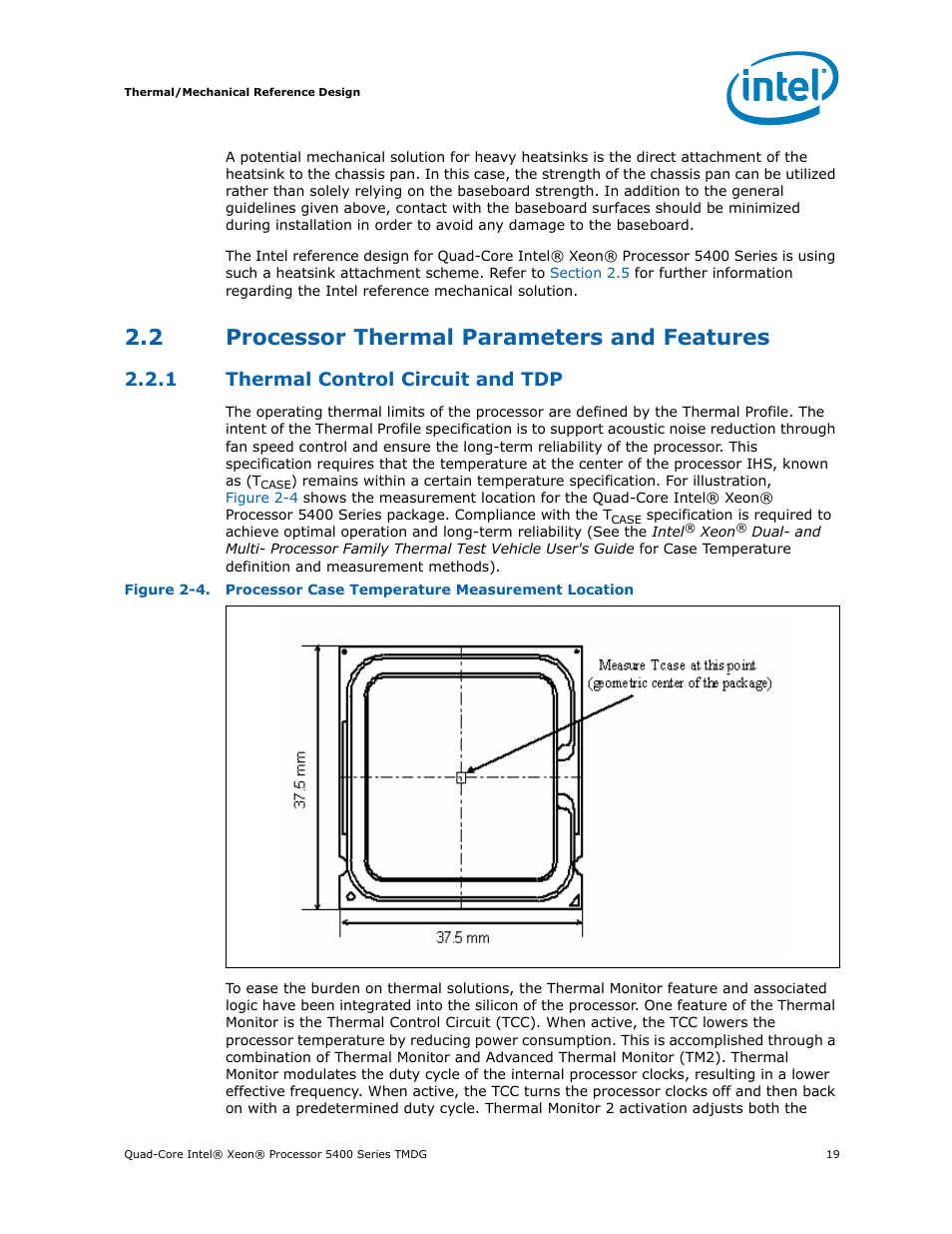 2 processor thermal parameters and features, 1 thermal control circuit and tdp, Processor thermal parameters and features 2.2.1 | Thermal control circuit and tdp, Processor case temperature measurement location | Intel 5400 Series User Manual | Page 19 / 100