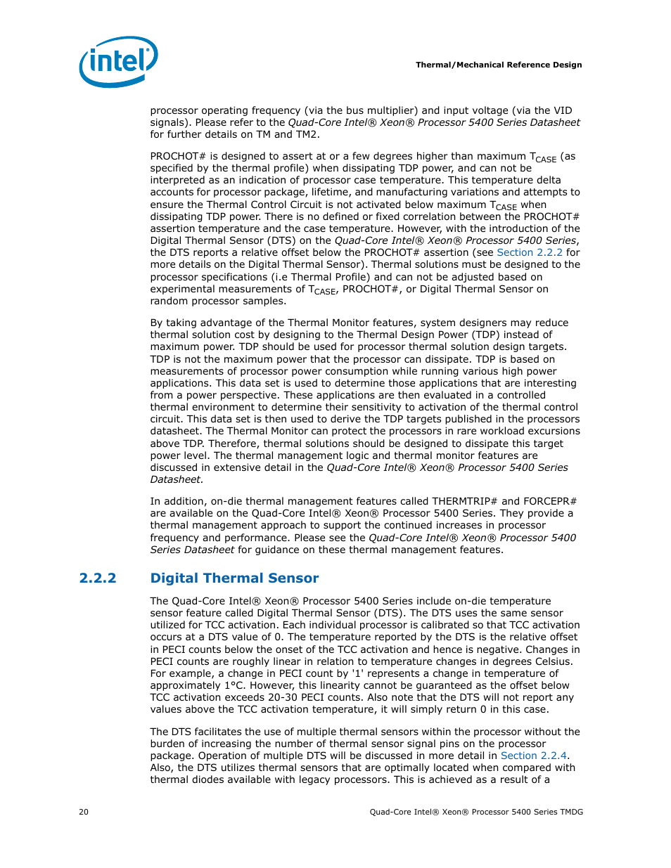2 digital thermal sensor, Digital thermal sensor | Intel 5400 Series User Manual | Page 20 / 100