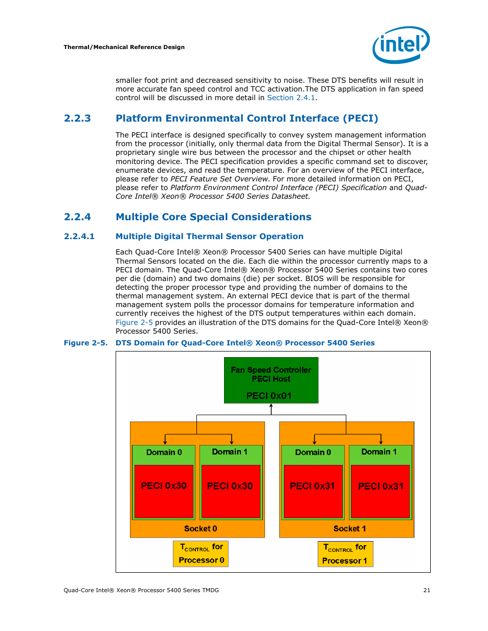 3 platform environmental control interface (peci), 4 multiple core special considerations, Platform environmental control interface (peci) | Multiple core special considerations, Section 2.2.4 | Intel 5400 Series User Manual | Page 21 / 100