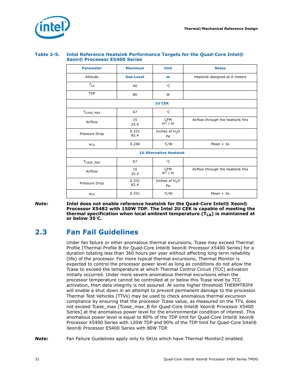 3 fan fail guidelines, Fan fail guidelines, Table 2-5 | Intel 5400 Series User Manual | Page 32 / 100