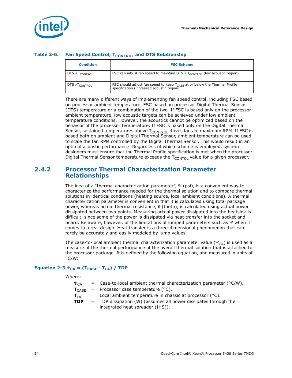 Fan speed control, tcontrol and dts relationship, Table 2-6 | Intel 5400 Series User Manual | Page 34 / 100