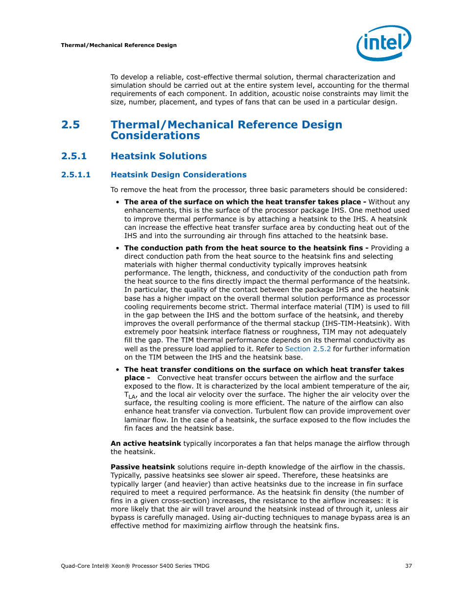 1 heatsink solutions, Heatsink solutions, Fer to | Section 2.5, For fu, Specifications | Intel 5400 Series User Manual | Page 37 / 100