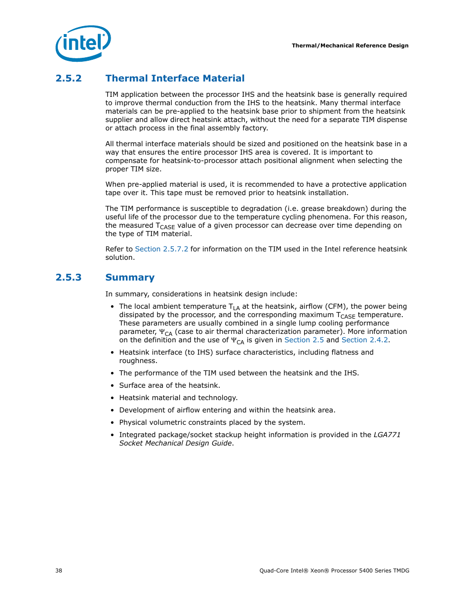 2 thermal interface material, 3 summary, Thermal interface material | Summary, Fer to, Section 2.5.2 | Intel 5400 Series User Manual | Page 38 / 100