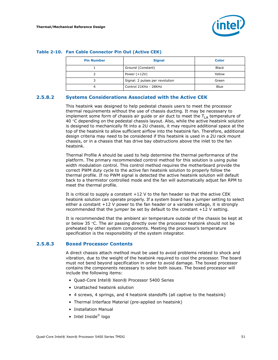 10 fan cable connector pin out (active cek) | Intel 5400 Series User Manual | Page 51 / 100