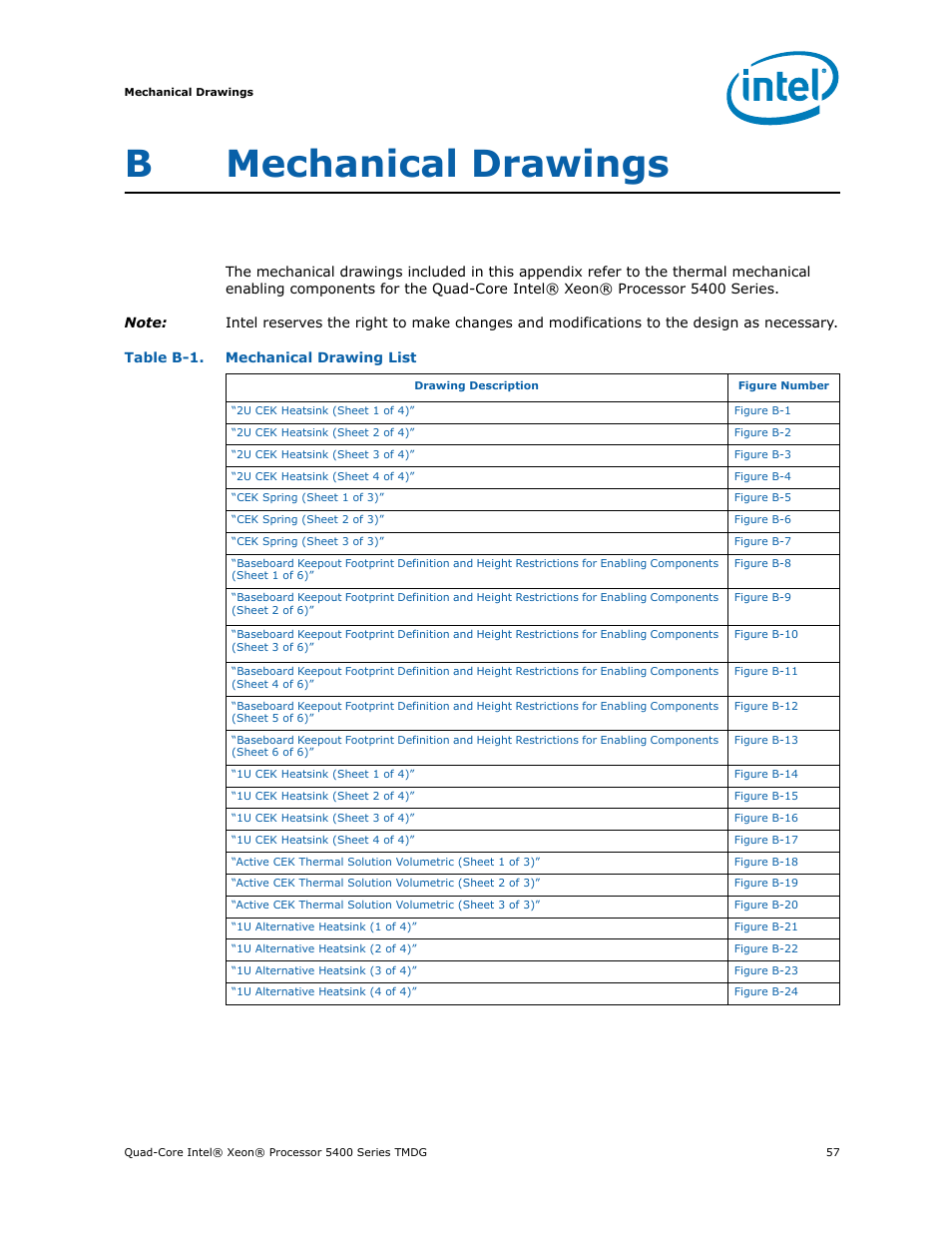 B mechanical drawings, Mechanical drawings, Mechanical drawing list | Appendix b, S. refer to, Bmechanical drawings | Intel 5400 Series User Manual | Page 57 / 100