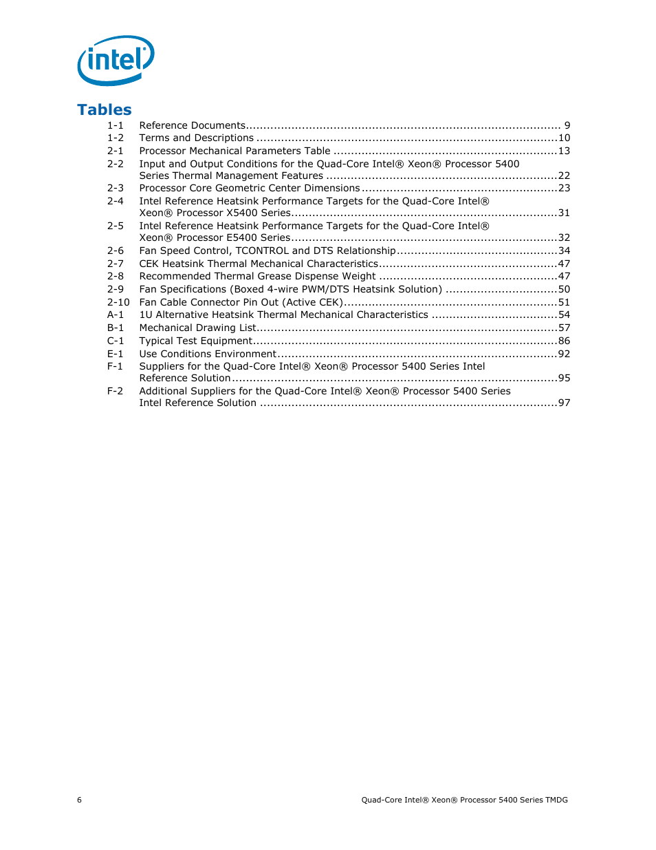 Tables | Intel 5400 Series User Manual | Page 6 / 100