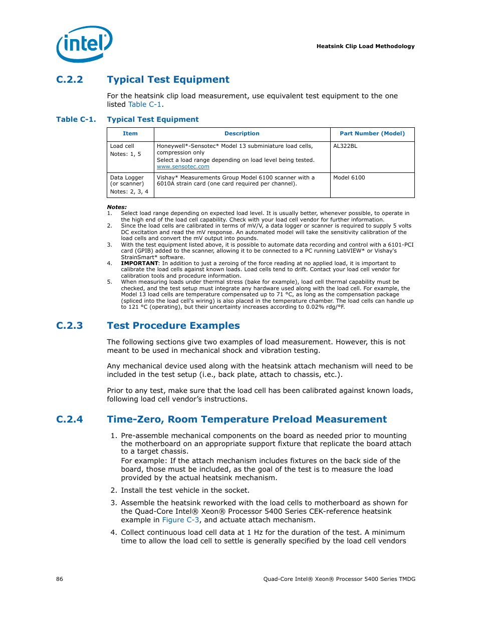 C.2.2 typical test equipment, C.2.3 test procedure examples, C.2.2 | Typical test equipment, C.2.3, Test procedure examples, C.2.4, Time-zero, room temperature preload measurement, D in, Section c.2.2 | Intel 5400 Series User Manual | Page 86 / 100