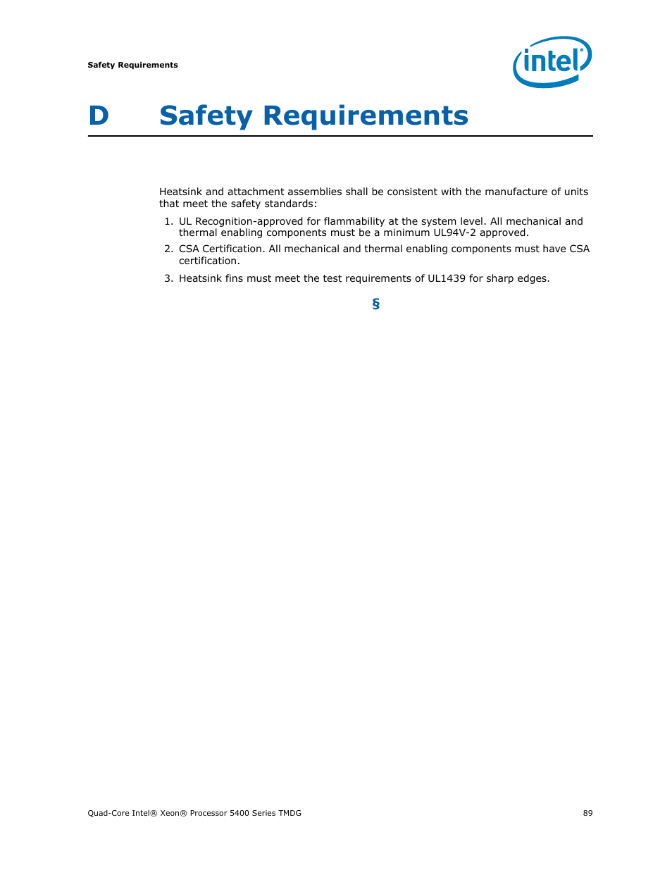 D safety requirements, Safety requirements, Dsafety requirements | Intel 5400 Series User Manual | Page 89 / 100