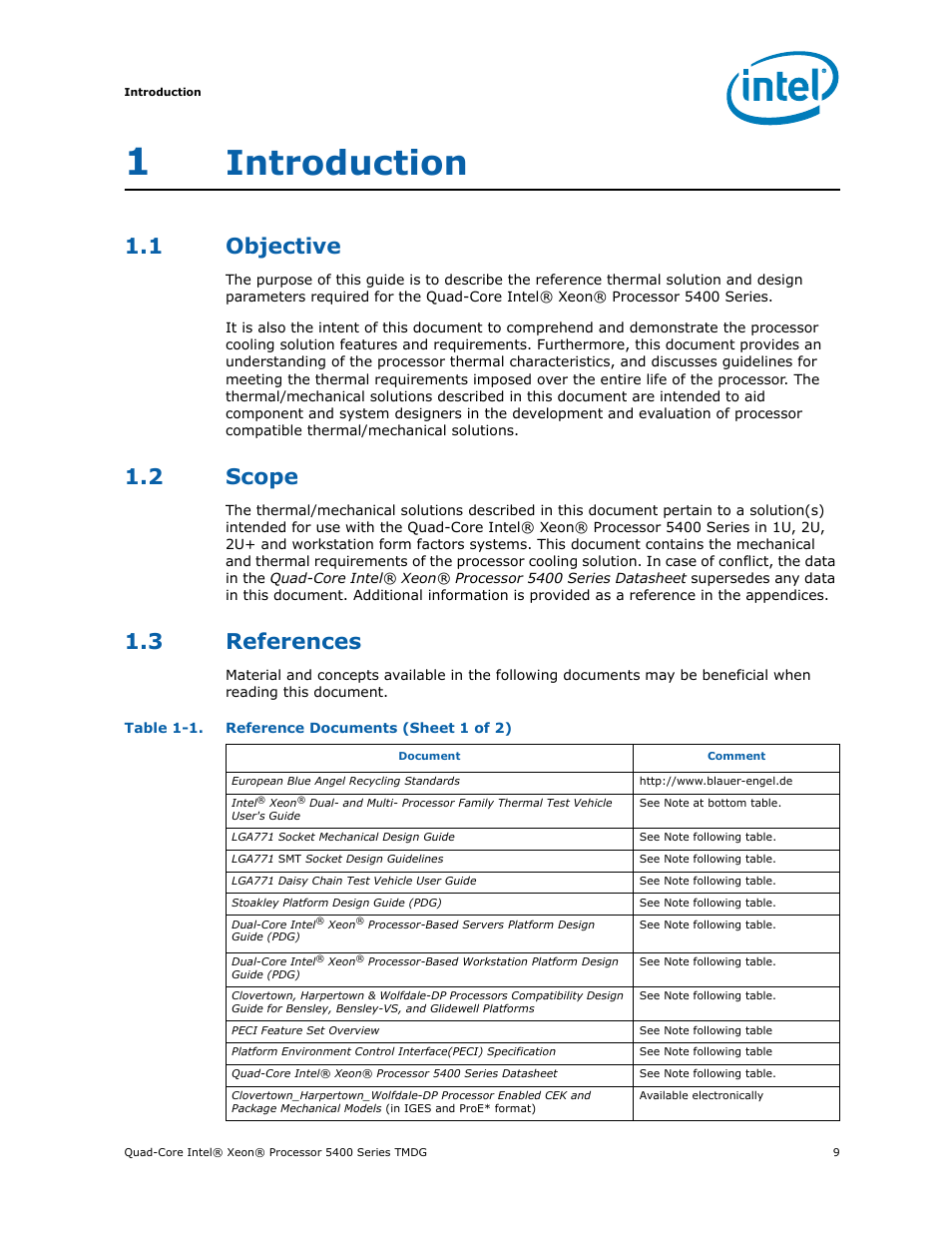 1 introduction, 1 objective, 2 scope | 3 references, Introduction, Objective, Scope, References, Reference documents | Intel 5400 Series User Manual | Page 9 / 100