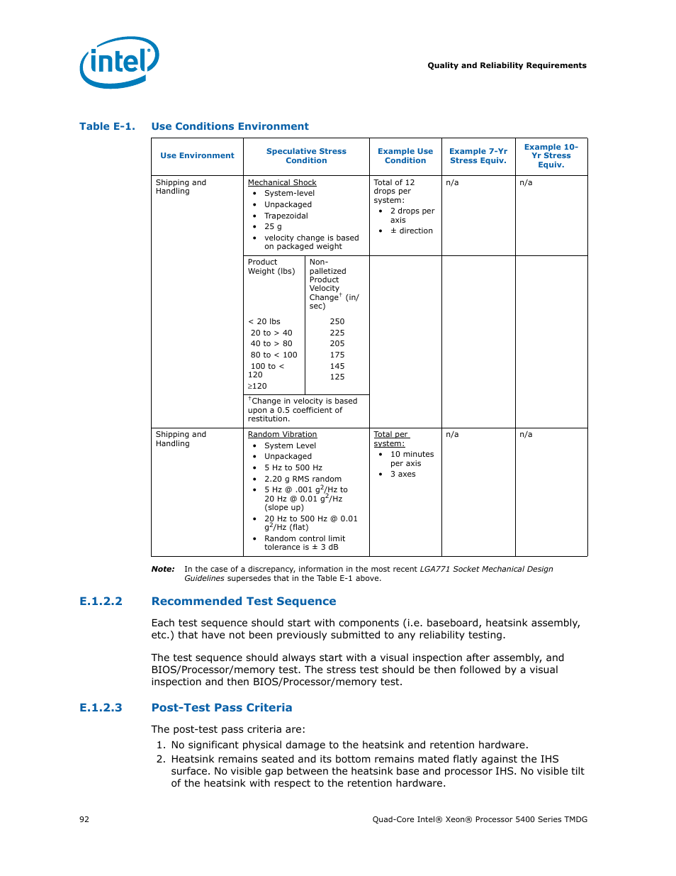 Use conditions environment, E.1.2.2 recommended test sequence, E.1.2.3 post-test pass criteria | Intel 5400 Series User Manual | Page 92 / 100