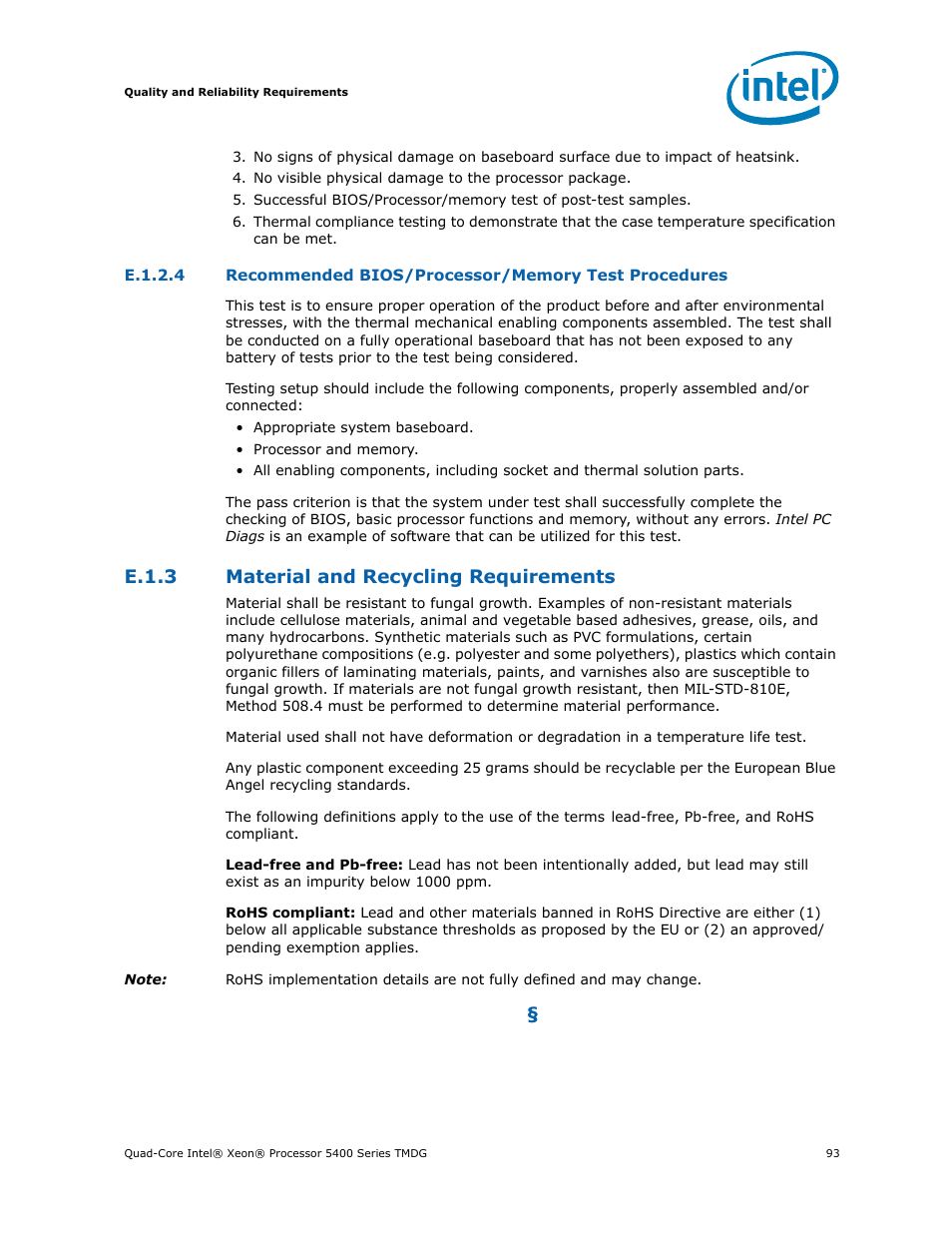 E.1.3 material and recycling requirements, E.1.3, Material and recycling requirements | Intel 5400 Series User Manual | Page 93 / 100
