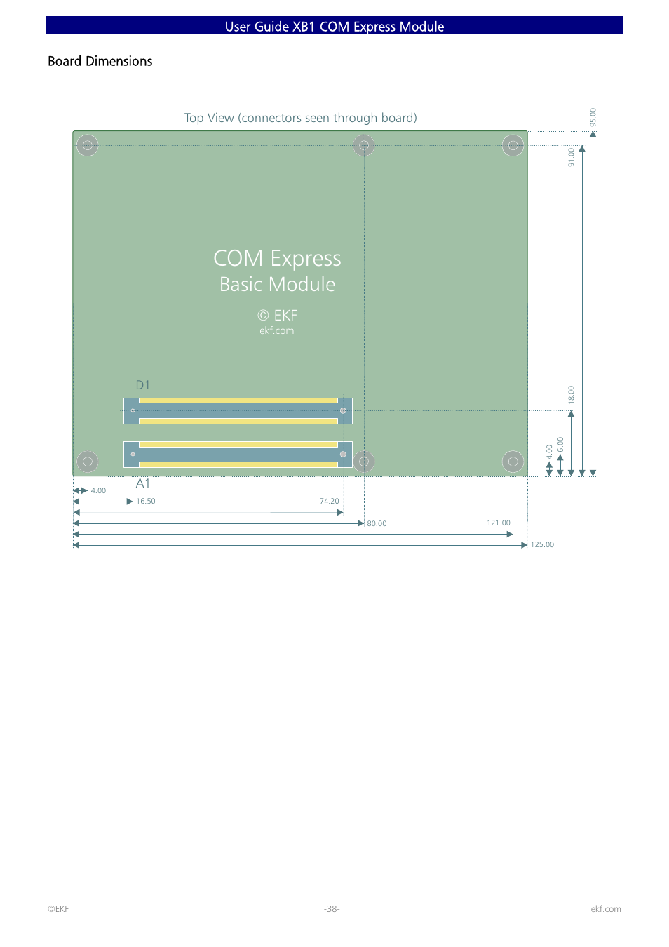 Com express, Basic module, User guide xb1 com express module | Board dimensions, D1 a1 top view ( seen through board) connectors | Intel 82600 User Manual | Page 38 / 40