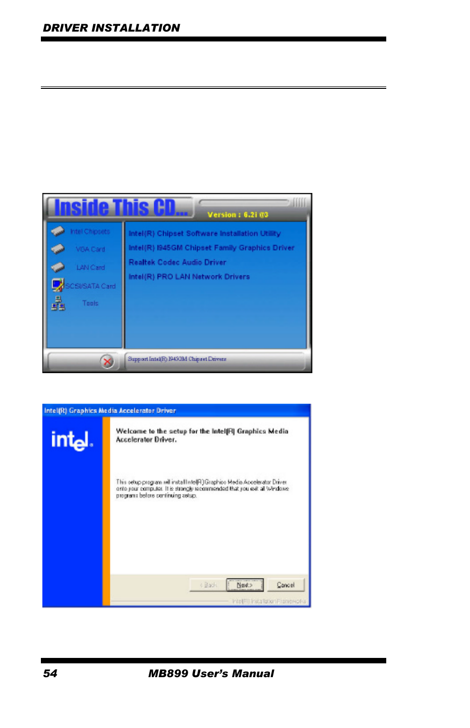 Vga drivers installation | Intel MB899 User Manual | Page 58 / 68