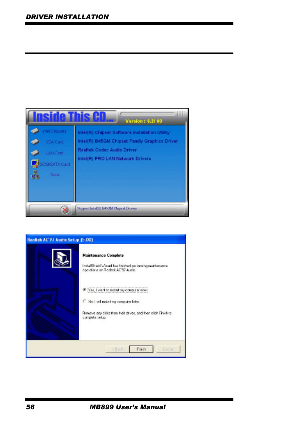 Ac97 codec audio driver installation, Click realtek ac'97 codec audio driver | Intel MB899 User Manual | Page 60 / 68