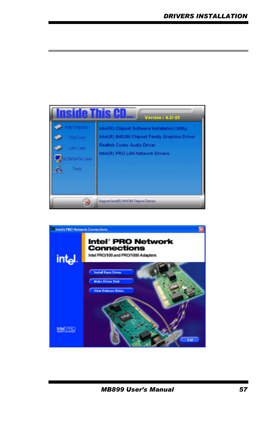 Lan drivers installation, Click install base software to continue | Intel MB899 User Manual | Page 61 / 68