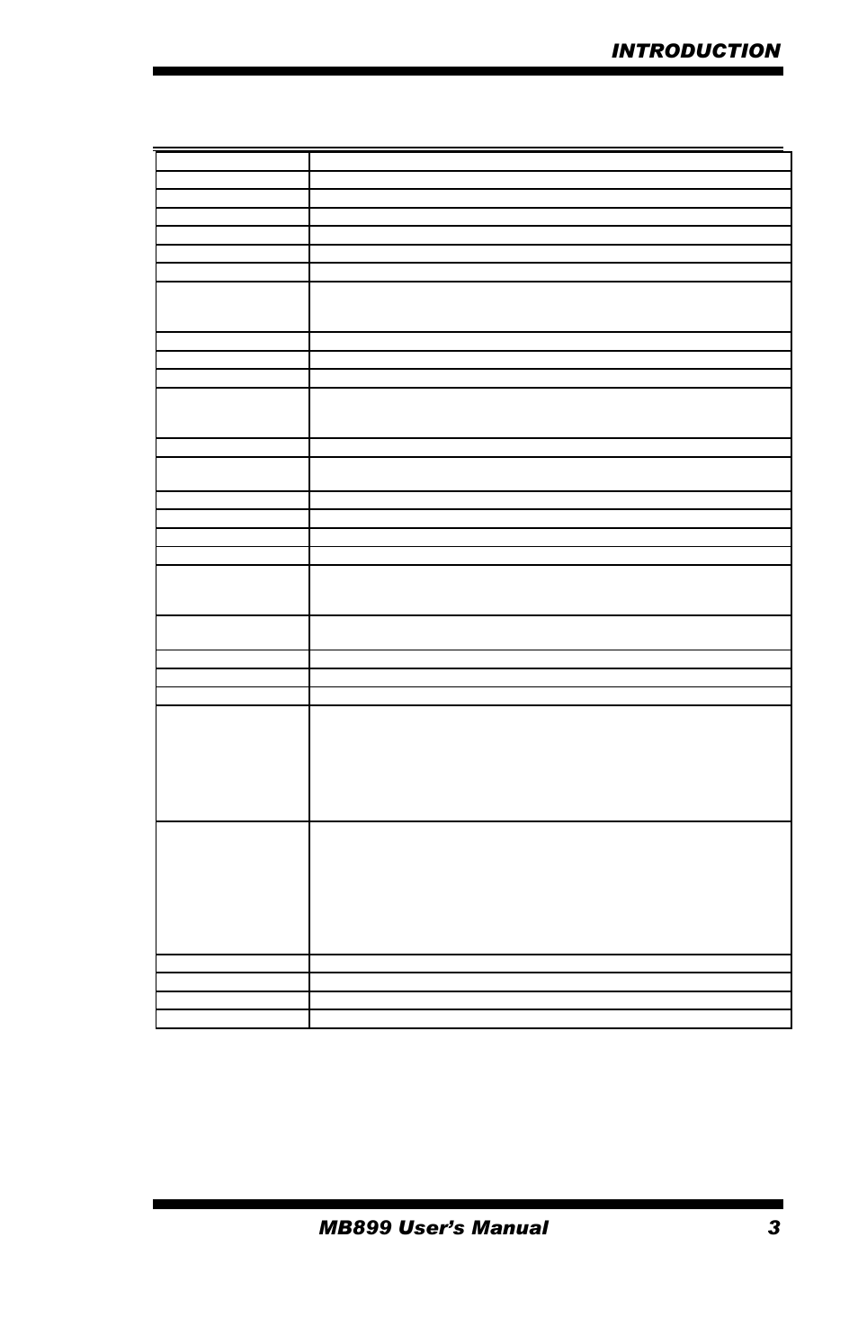 Mb899 specifications, Introduction mb899 user’s manual 3 | Intel MB899 User Manual | Page 7 / 68