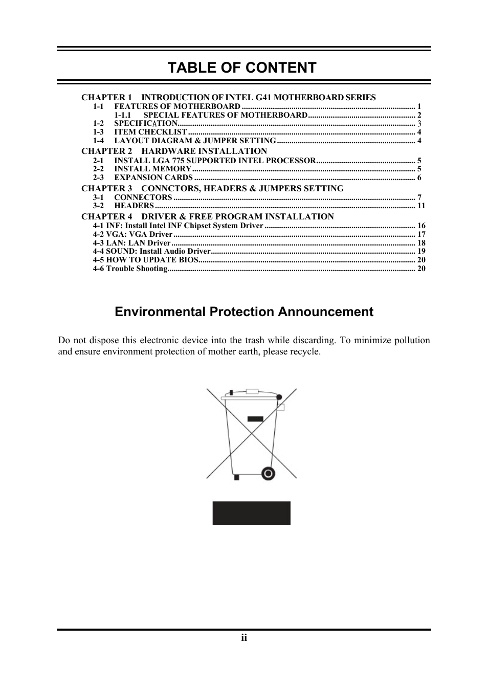 Table of content, Environmental protection announcement | Intel G41 EXPRESS CHIPSET PMG41-D2 User Manual | Page 2 / 22