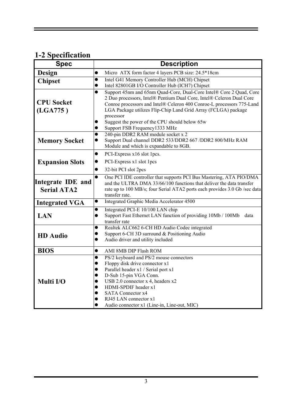 2 specification, Spec description design, Chipset | Cpu socket (lga775 ), Expansion slots, Integrate ide and serial ata2, Integrated vga, Hd audio, Bios, Multi i/o | Intel G41 EXPRESS CHIPSET PMG41-D2 User Manual | Page 5 / 22