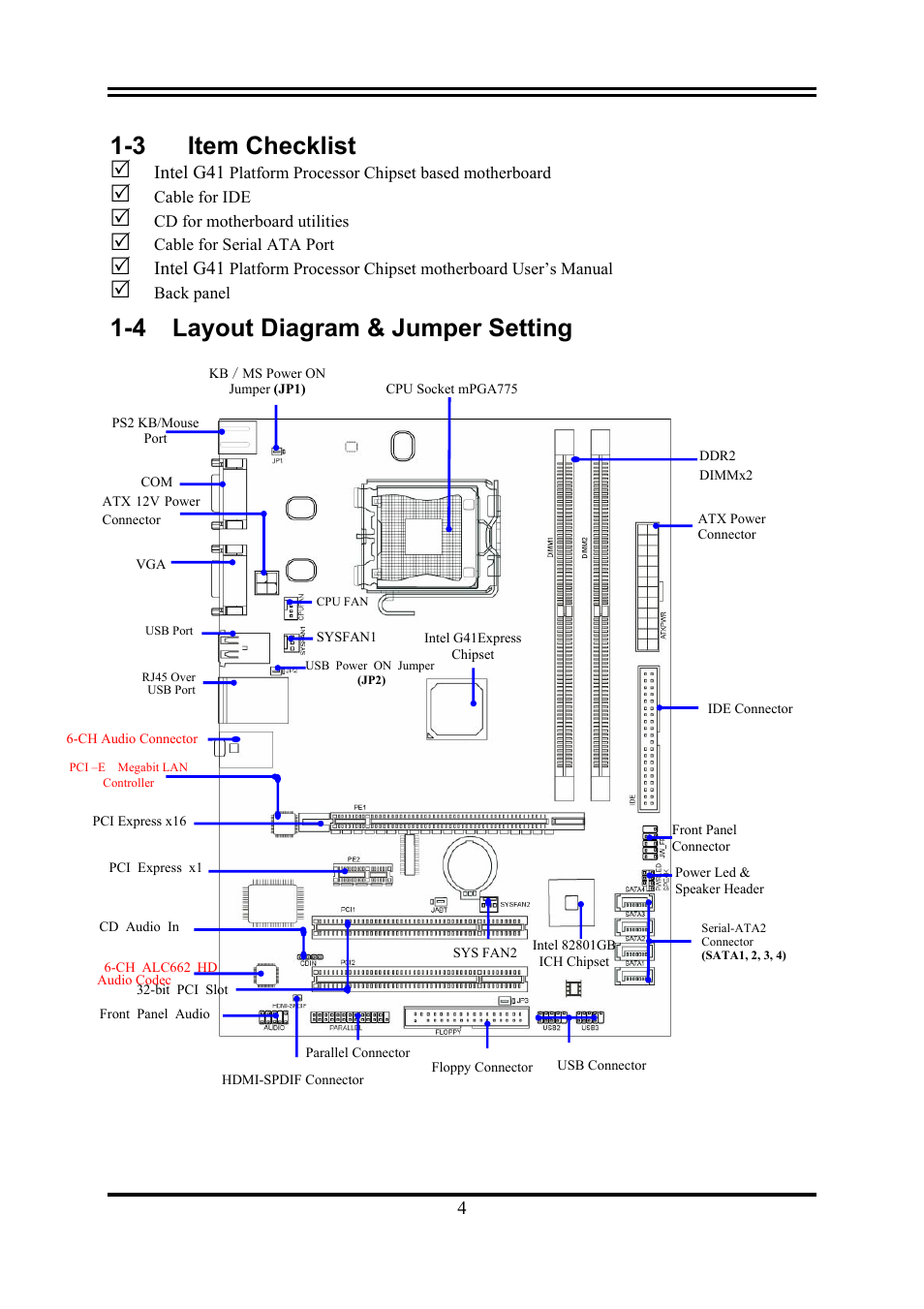 3 item checklist, 4 layout diagram & jumper setting | Intel G41 EXPRESS CHIPSET PMG41-D2 User Manual | Page 6 / 22