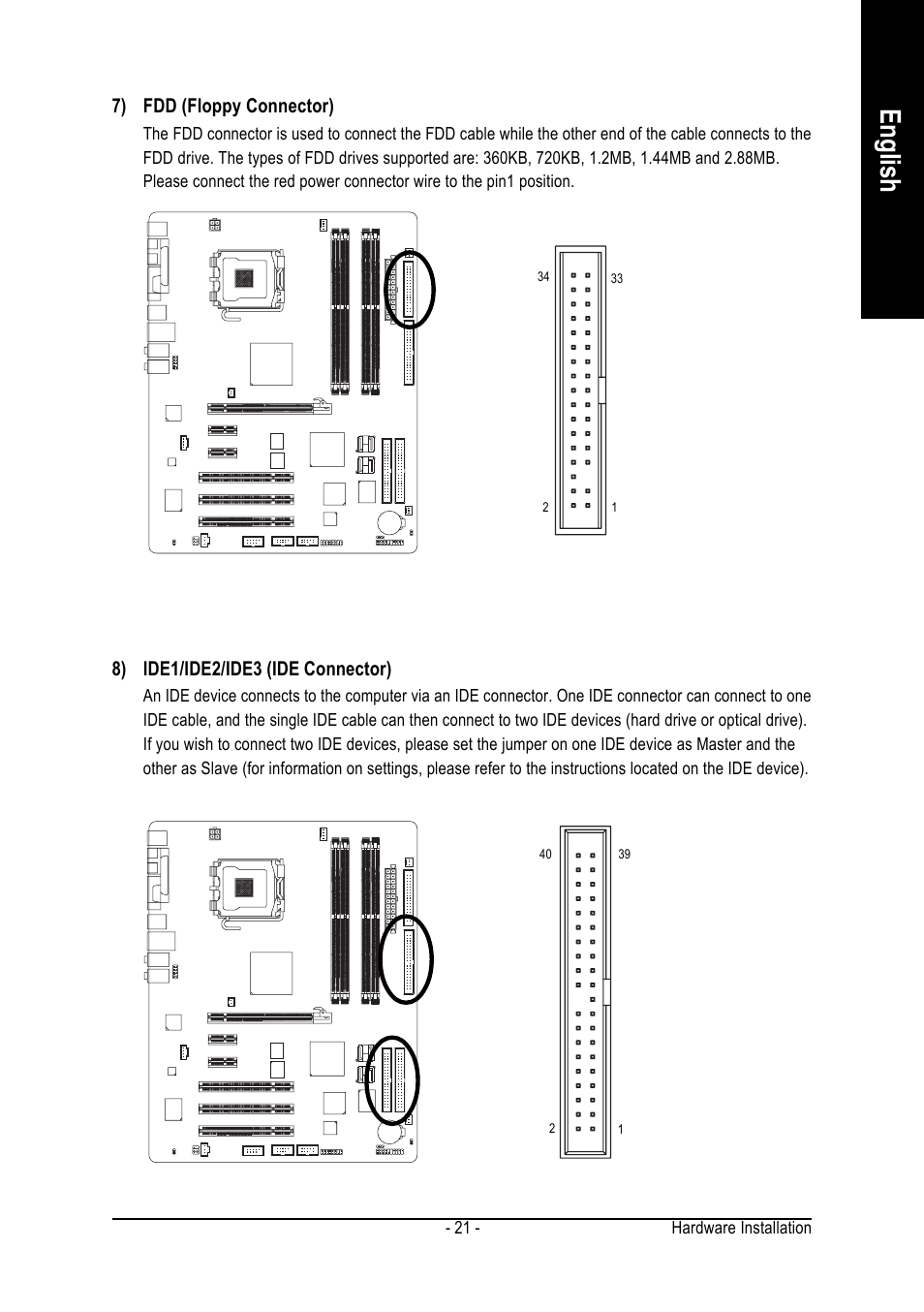 English, 7) fdd (floppy connector), 8) ide1/ide2/ide3 (ide connector) | Intel GA-8I945P PRO User Manual | Page 21 / 88