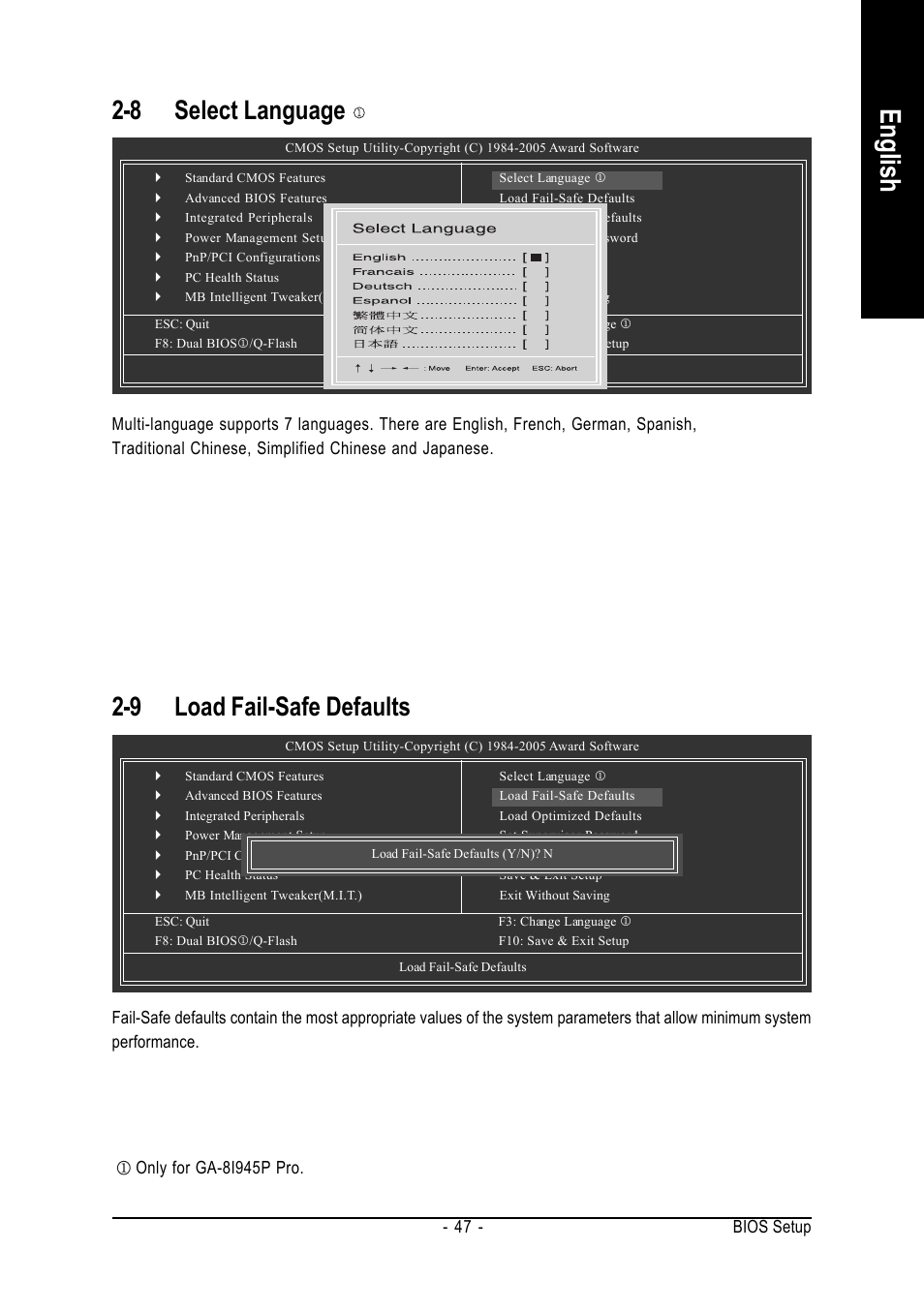 English, 9 load fail-safe defaults, 8 select language | Intel GA-8I945P PRO User Manual | Page 47 / 88