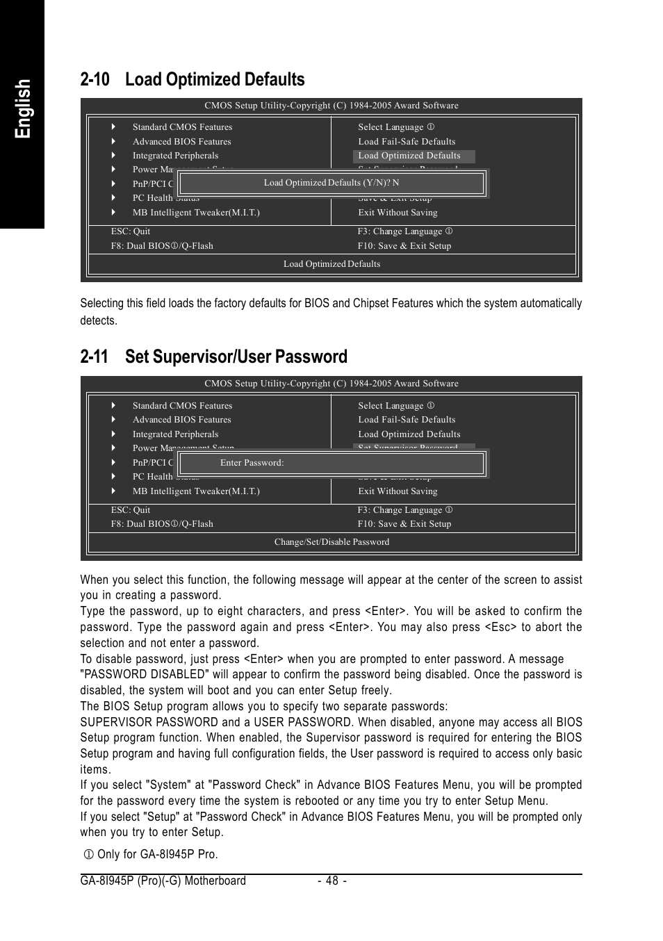 English, 11 set supervisor/user password, 10 load optimized defaults | Intel GA-8I945P PRO User Manual | Page 48 / 88