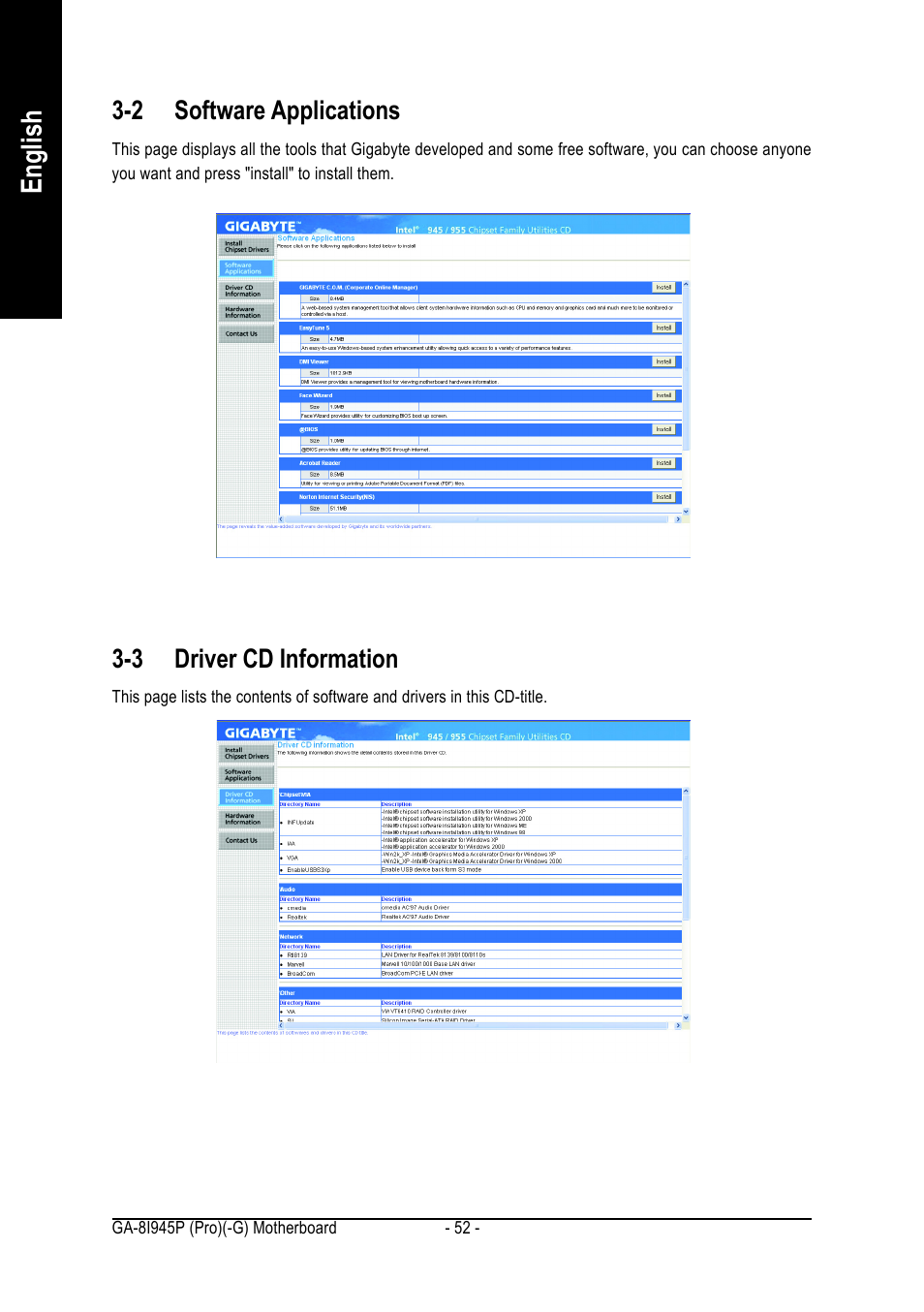 English, 2 software applications, 3 driver cd information | Intel GA-8I945P PRO User Manual | Page 52 / 88