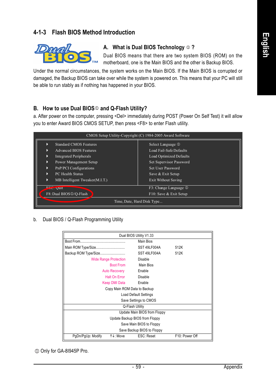 English, 1-3 flash bios method introduction, A. what is dual bios technology | B. how to use dual bios and q-flash utility, Appendix - 59, Only for ga-8i945p pro | Intel GA-8I945P PRO User Manual | Page 59 / 88