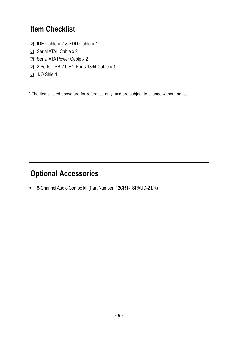 Item checklist, Optional accessories | Intel GA-8I945P PRO User Manual | Page 6 / 88