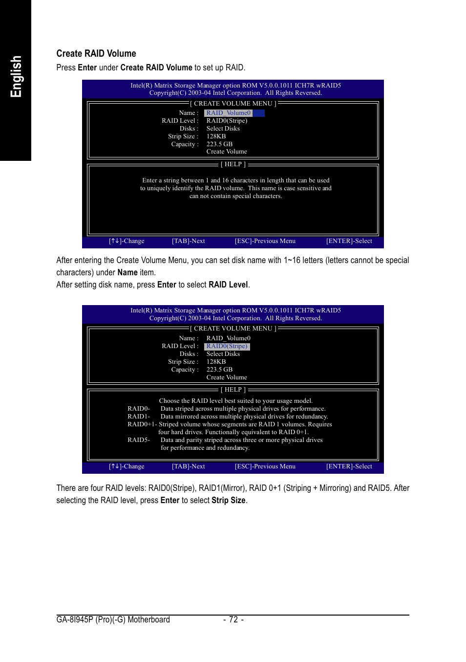 English, Create raid volume | Intel GA-8I945P PRO User Manual | Page 72 / 88