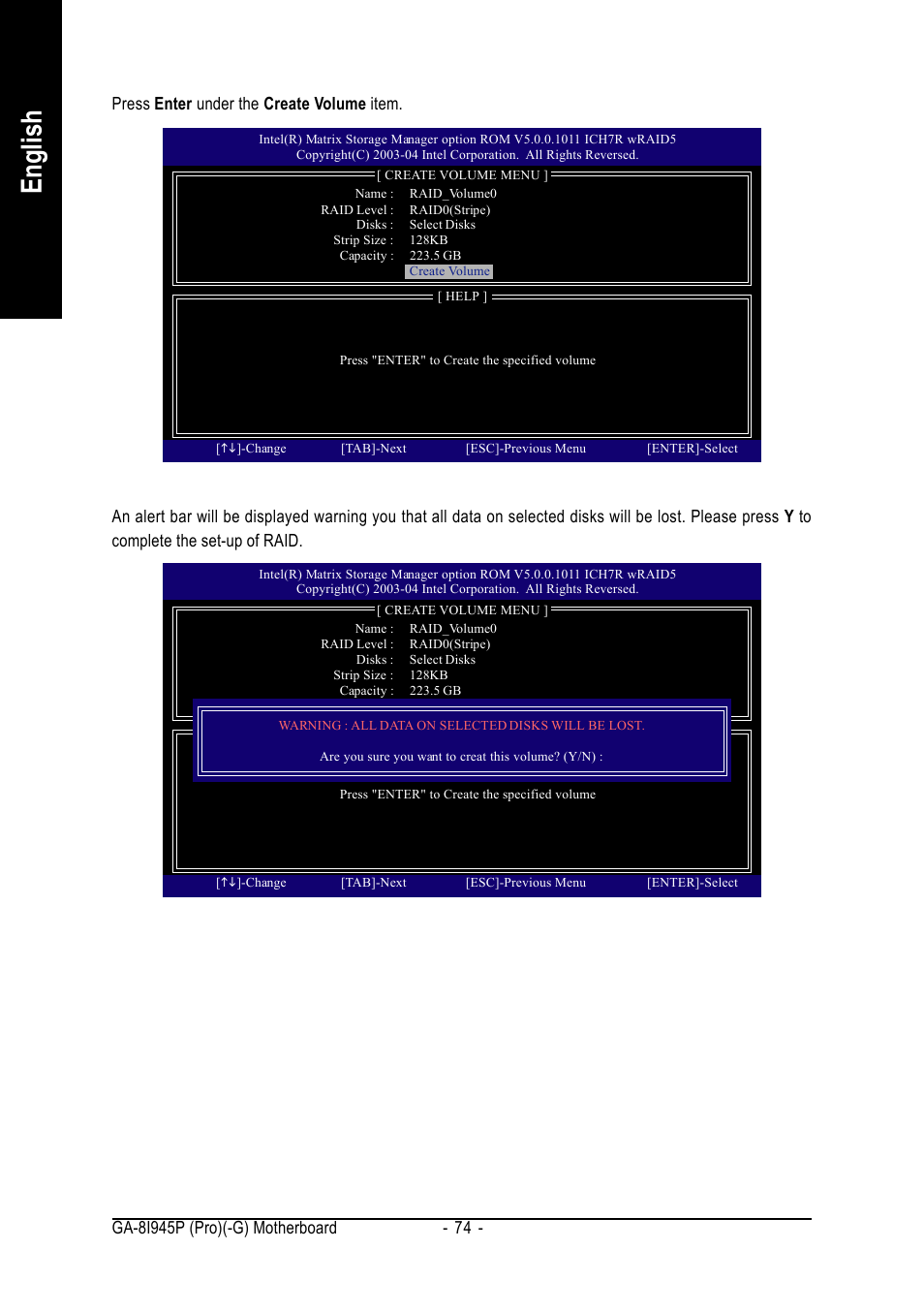 English, Press enter under the create volume item | Intel GA-8I945P PRO User Manual | Page 74 / 88