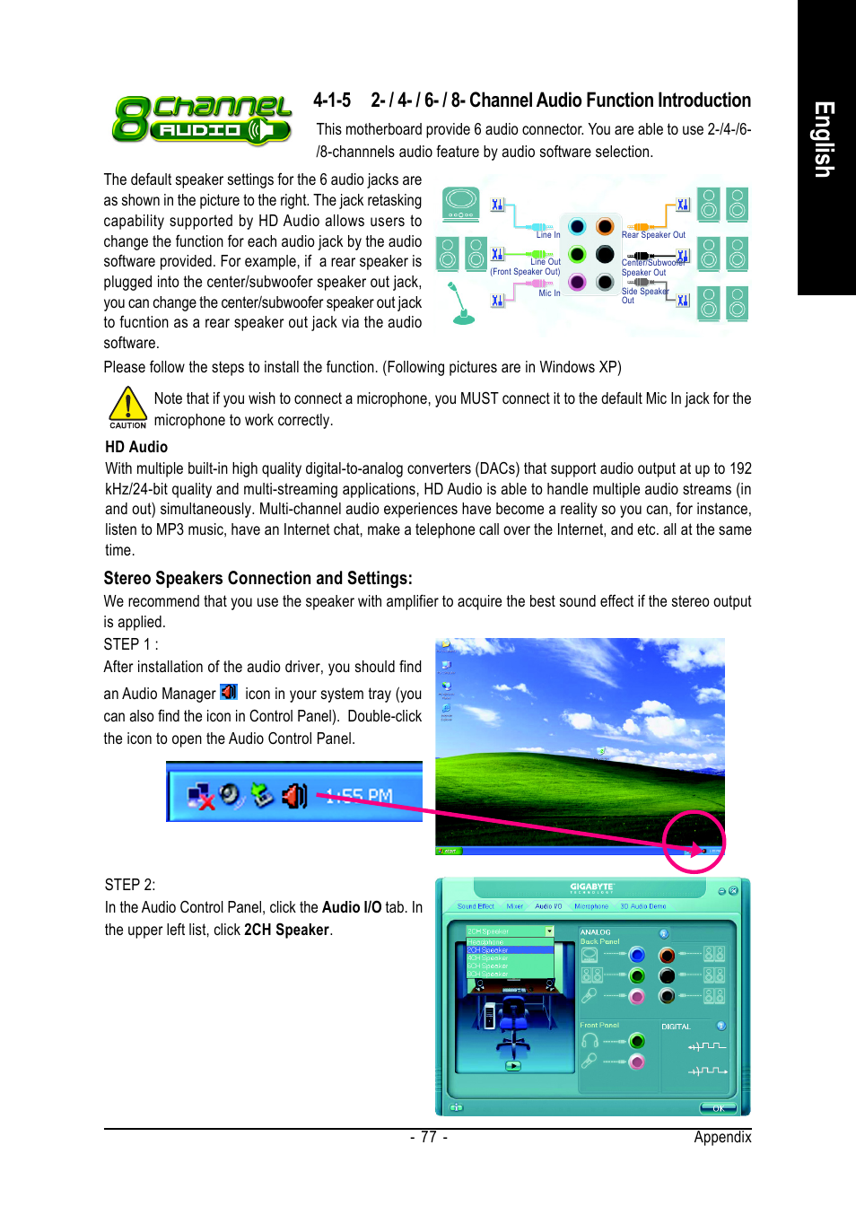 English, Stereo speakers connection and settings | Intel GA-8I945P PRO User Manual | Page 77 / 88