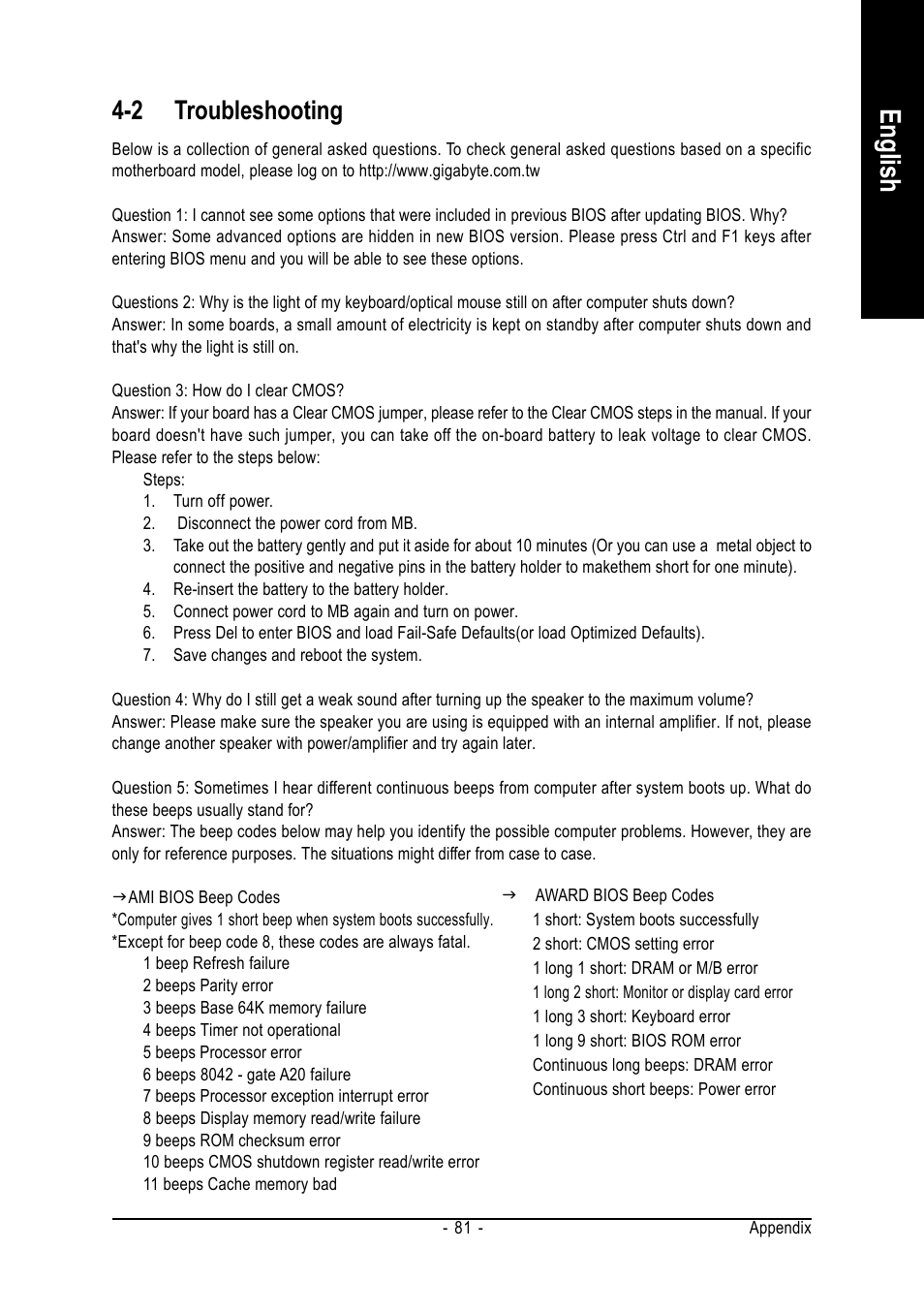 English, 2 troubleshooting | Intel GA-8I945P PRO User Manual | Page 81 / 88