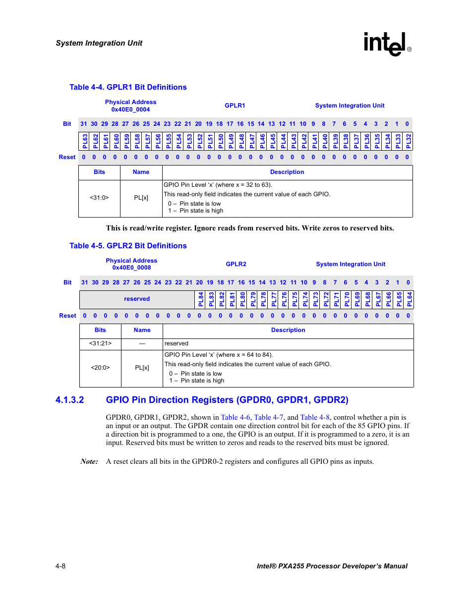 Gplr1 bit definitions -8, Gplr2 bit definitions -8 | Intel PXA255 User Manual | Page 112 / 600