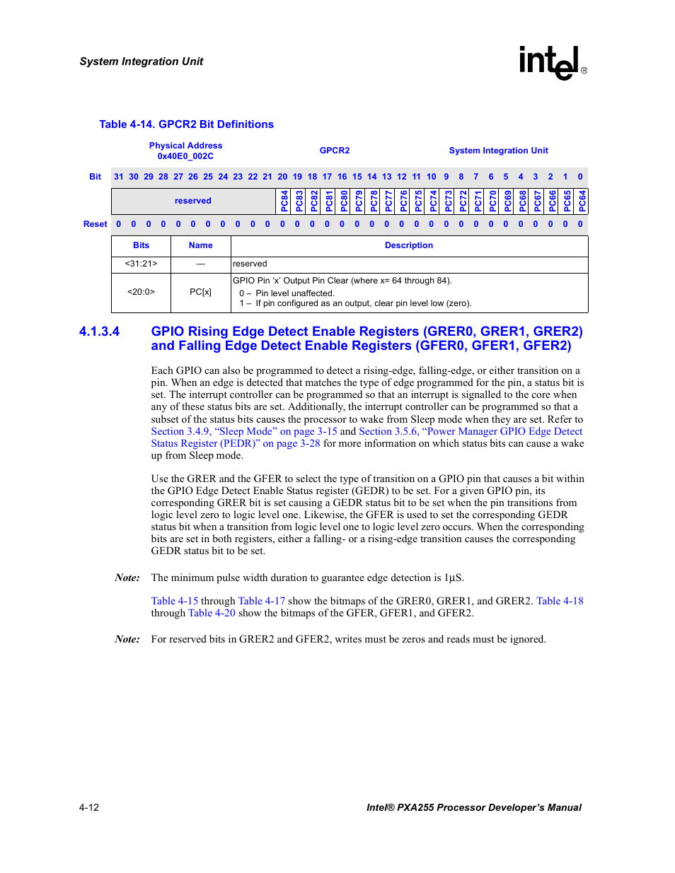 Gpcr2 bit definitions -12, Table 4-14 | Intel PXA255 User Manual | Page 116 / 600
