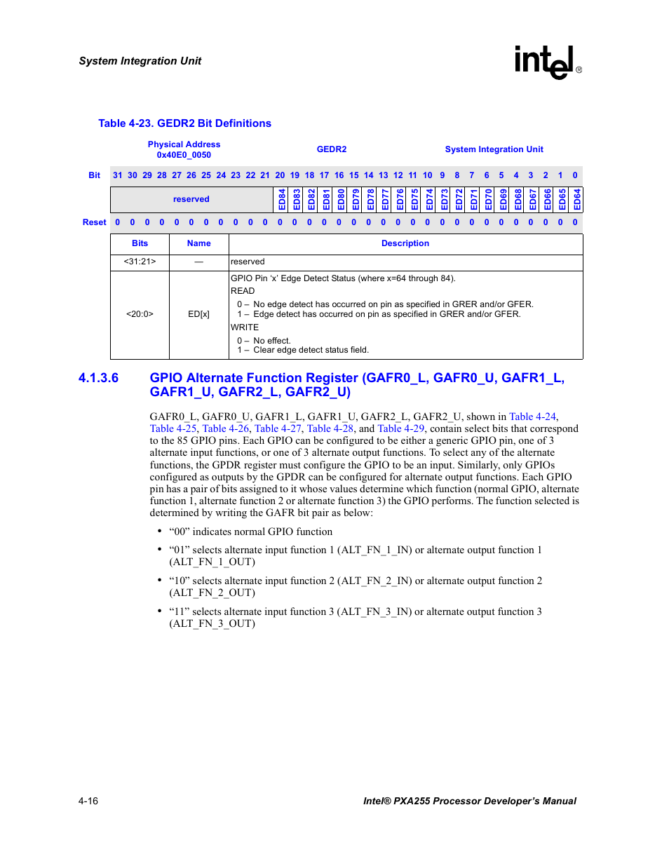 Gedr2 bit definitions -16, Table 4-23 | Intel PXA255 User Manual | Page 120 / 600