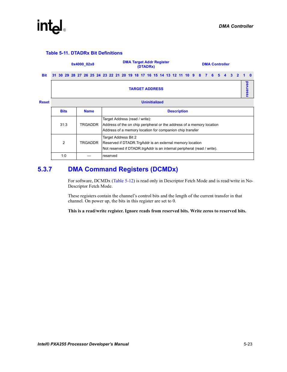 7 dma command registers (dcmdx), Dma command registers (dcmdx) -23, Dtadrx bit definitions -23 | Intel PXA255 User Manual | Page 173 / 600