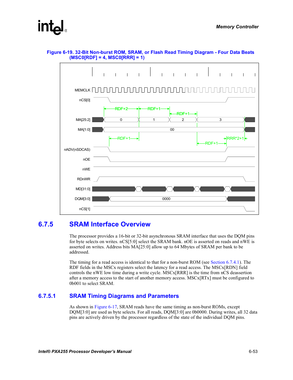 5 sram interface overview, 1 sram timing diagrams and parameters, Sram interface overview -53 | Beats (msc0[rdf] = 4, msc0[rrr] = 1) -53, Figure 6-19 | Intel PXA255 User Manual | Page 235 / 600
