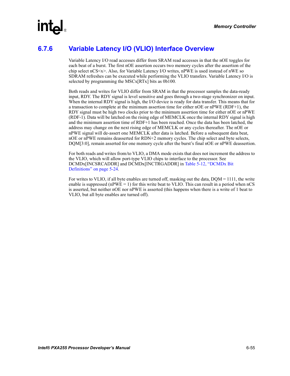6 variable latency i/o (vlio) interface overview, Variable latency i/o (vlio) interface overview -55 | Intel PXA255 User Manual | Page 237 / 600