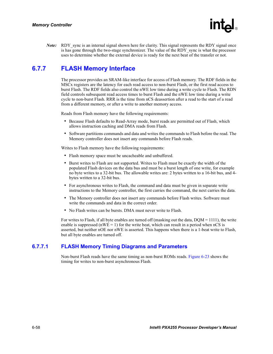 7 flash memory interface, 1 flash memory timing diagrams and parameters, Flash memory interface -58 | Section 6.7.7 | Intel PXA255 User Manual | Page 240 / 600