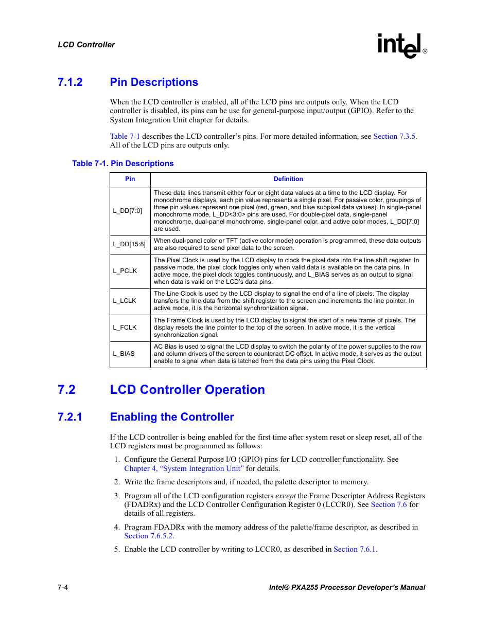 2 pin descriptions, 2 lcd controller operation, 1 enabling the controller | Pin descriptions -4, Lcd controller operation -4, Enabling the controller -4 | Intel PXA255 User Manual | Page 268 / 600