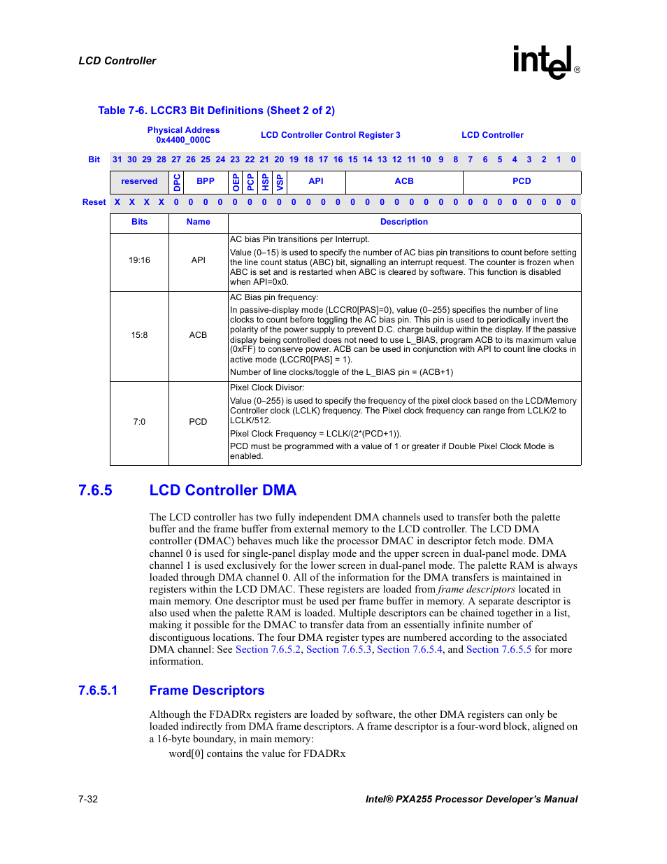 5 lcd controller dma, 1 frame descriptors, Lcd controller dma -32 | Section 7.6.5 | Intel PXA255 User Manual | Page 296 / 600