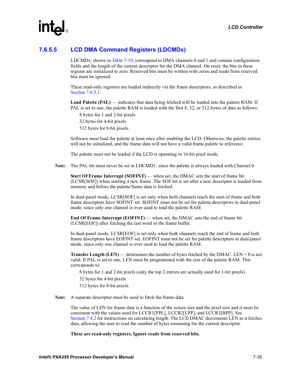 5 lcd dma command registers (ldcmdx), Section 7.6.5.5 | Intel PXA255 User Manual | Page 299 / 600